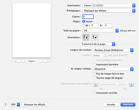 figure : Traitement de la page dans la boîte de dialogue Imprimer