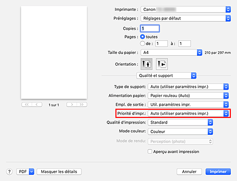 figure : Qualité d'impression dans Qualité et support de la boîte de dialogue Imprimer