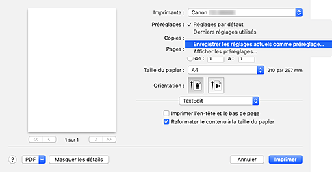 figure&nbsp;: Sélectionnez Enregistrer les paramètres actuels comme préréglages... dans les Préréglages de la boîte de dialogue Imprimer