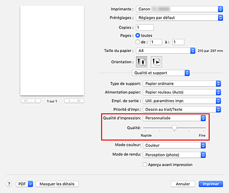 figure : Sélectionnez Personnalisée pour Qualité et support dans la boîte de dialogue Imprimer.