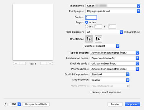 figure : Qualité et support dans la boîte de dialogue Imprimer