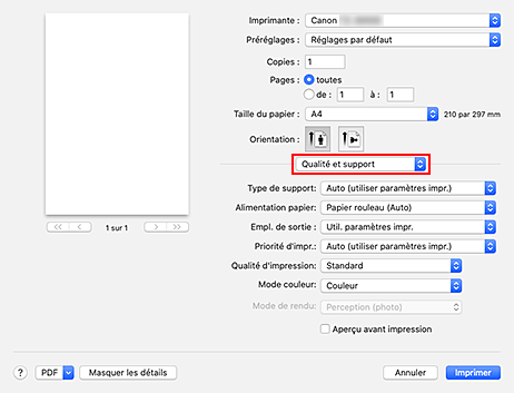figure : Qualité et support dans la boîte de dialogue Imprimer