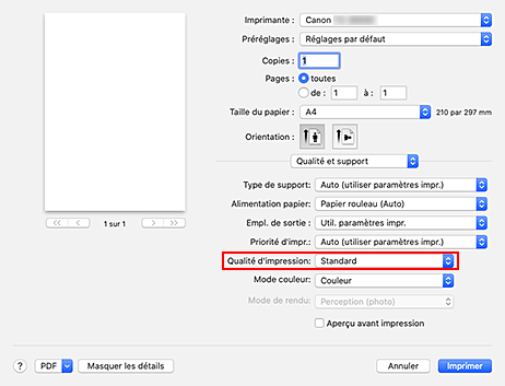 figure : Qualité d'impression dans Qualité et support de la boîte de dialogue Imprimer