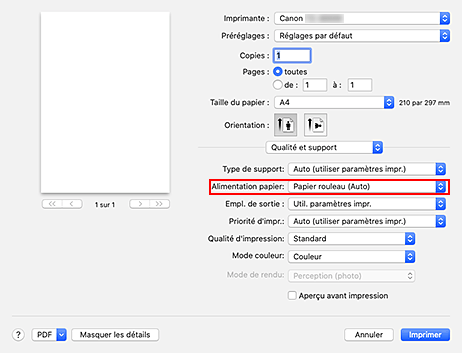 figure : Alimentation papier dans Qualité et support de la boîte de dialogue Imprimer