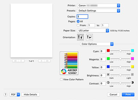 figura: Opzioni colore nella finestra di dialogo Stampa