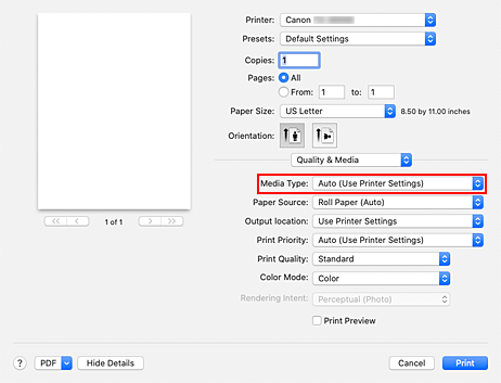 figura: Tipo di supporto per Qualità/Tipo di carta nella finestra di dialogo Stampa