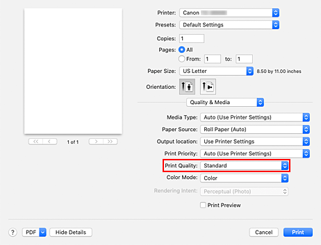 figura: Qualità di stampa per Qualità/Tipo di carta nella finestra di dialogo Stampa