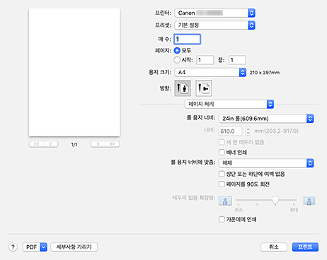 그림: 프린트 대화 상자의 [페이지 처리]