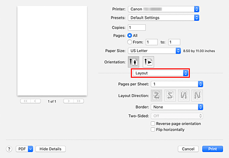 figura:Layout na caixa de diálogo Imprimir