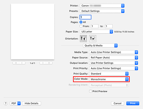 Рисунок: Параметры "Монохромный" и "Мон. точ. рис." в разделе "Качество и носители" диалогового окна печати