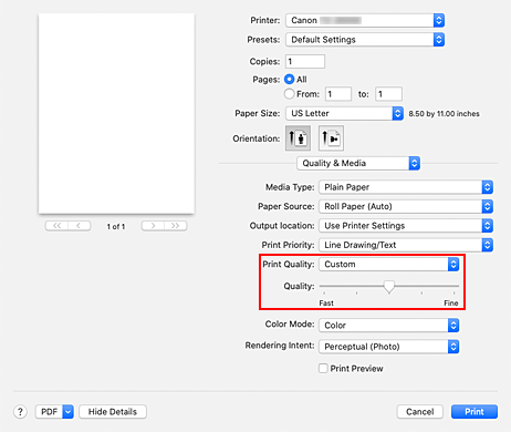 рисунок: Выберите «Другое» в пункте «Качество печати» пункта «Качество и носители» в диалоговом окне «Печать»