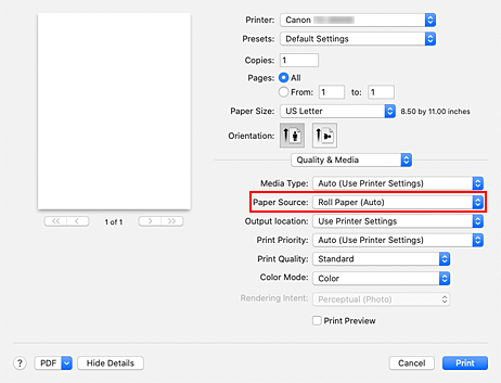 рисунок: Пункт "Источник бумаги" раздела "Качество и носители" в диалоговом окне "Печать"