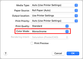 figure:Monochrome and Monochrome Bitmap of Quality & Media in the Print dialog