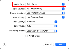 figure:Media Type of Quality & Media in the Print dialog