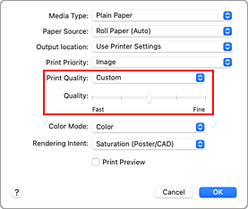 figure:Select Custom from Print Quality of Quality & Media in the Print dialog