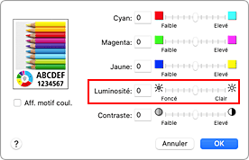 figure&nbsp;: Luminosité des options de couleur dans la boîte de dialogue Imprimer