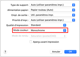 figure : monochrome et monochrome matriciel de la qualité et du support dans la boîte de dialogue Imprimer