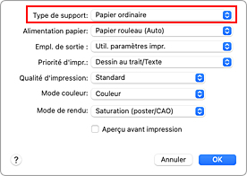figure&nbsp;:&nbsp;Type de support dans Qualité et support de la boîte de dialogue Imprimer