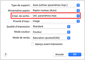 figure : Empl. de sortie dans Qualité et support de la boîte de dialogue Imprimer