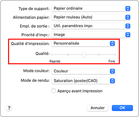 figure&nbsp;:&nbsp;Sélectionnez Personnalisée pour Qualité et support dans la boîte de dialogue Imprimer.