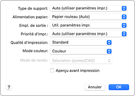 figure&nbsp;:&nbsp;Qualité et support dans la boîte de dialogue Imprimer
