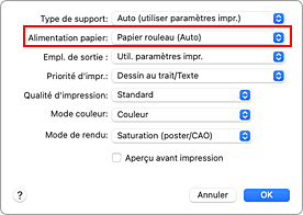 figure&nbsp;:&nbsp;Alimentation papier dans Qualité et support de la boîte de dialogue Imprimer