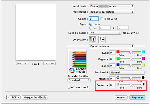 figure : Contraste des options de couleur dans la boîte de dialogue Imprimer