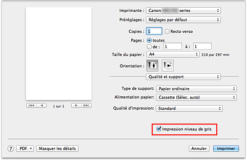 figure : Impression niveau de gris pour Qualité et support dans la boîte de dialogue Imprimer