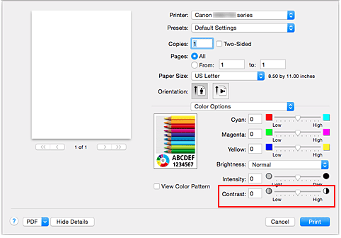 figure:Contrast of Color Options in the Print dialog