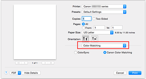 figure:Color Matching in the Print dialog