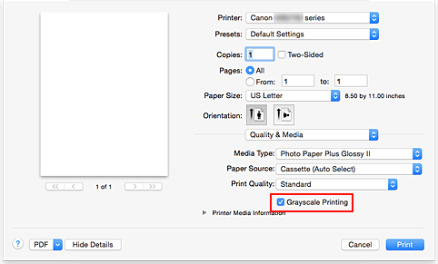 figure:Grayscale Printing of Quality & Media in the Print dialog