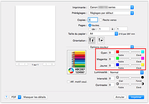 figure : Équilibre des couleurs des options de couleur dans la boîte de dialogue Imprimer