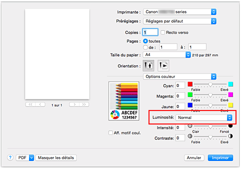 figure : Luminosité des options de couleur dans la boîte de dialogue Imprimer