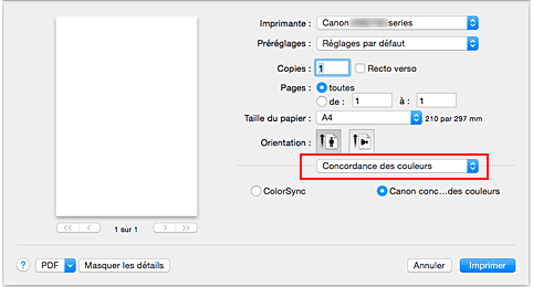 figure : Concordance des couleurs dans la boîte de dialogue Imprimer