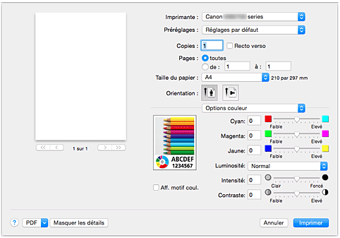 figure : Options couleur dans la boîte de dialogue Imprimer