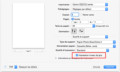 figure : Impression niveau de gris pour Qualité et support dans la boîte de dialogue Imprimer