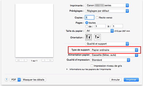 figure : Type de support dans Qualité et support de la boîte de dialogue Imprimer