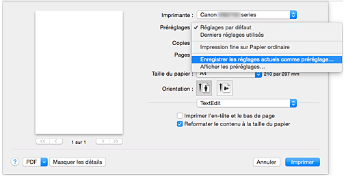 figure : Sélectionnez Enregistrer les paramètres actuels comme préréglages... dans les Préréglages de la boîte de dialogue Imprimer