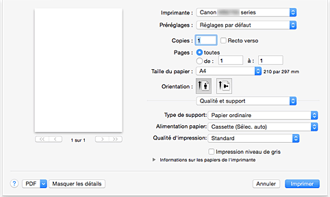 figure : Qualité et support dans la boîte de dialogue Imprimer