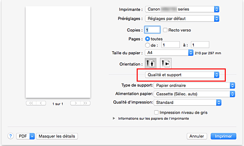 figure : Qualité et support dans la boîte de dialogue Imprimer