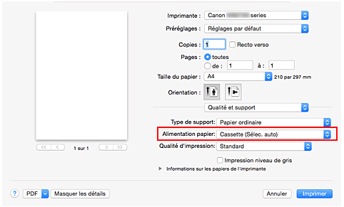 figure : Alimentation papier dans Qualité et support de la boîte de dialogue Imprimer