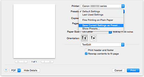 figura: Selezionare Salva impostazioni correnti come preimpostazioni... da Preimpostazioni nella finestra di dialogo Stampa