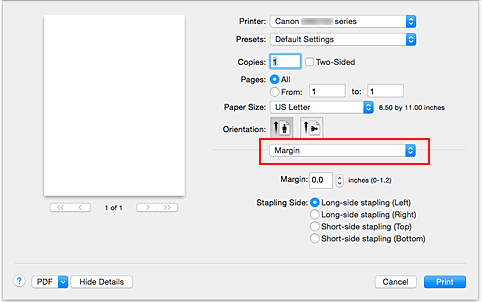 rysunek: Sekcja Margines w oknie dialogowym Drukuj