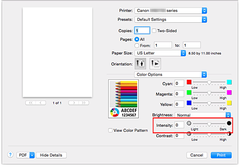 figur: Intensitet för Färgalternativ i dialogrutan Skriv ut