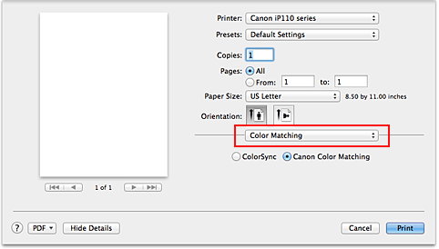 figure:Color Matching in the Print dialog