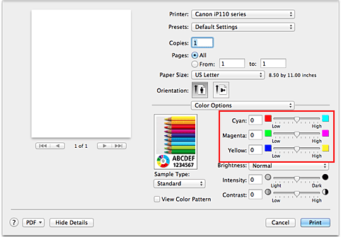 kuva:Väriasetukset-kohdan Väritasapaino Tulostus-valintaikkunassa