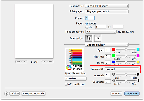 figure : Luminosité des options de couleur dans la boîte de dialogue Imprimer