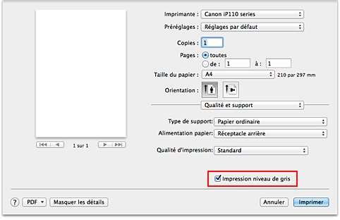 figure : Impression niveau de gris pour Qualité et support dans la boîte de dialogue Imprimer