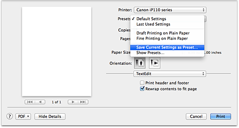 figur: Velg Lagre gjeldende innstillinger som forhåndsinnstilling fra Forhåndsinnstillinger i dialogboksen Skriv ut