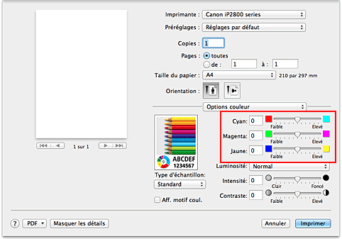 figure : Équilibre des couleurs des options de couleur dans la boîte de dialogue Imprimer